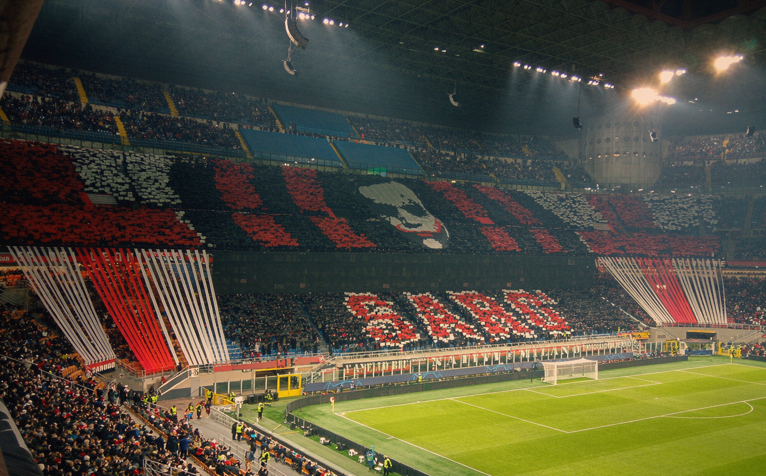 AC Milan curva sud tifo choreography at San Siro under the floodlights