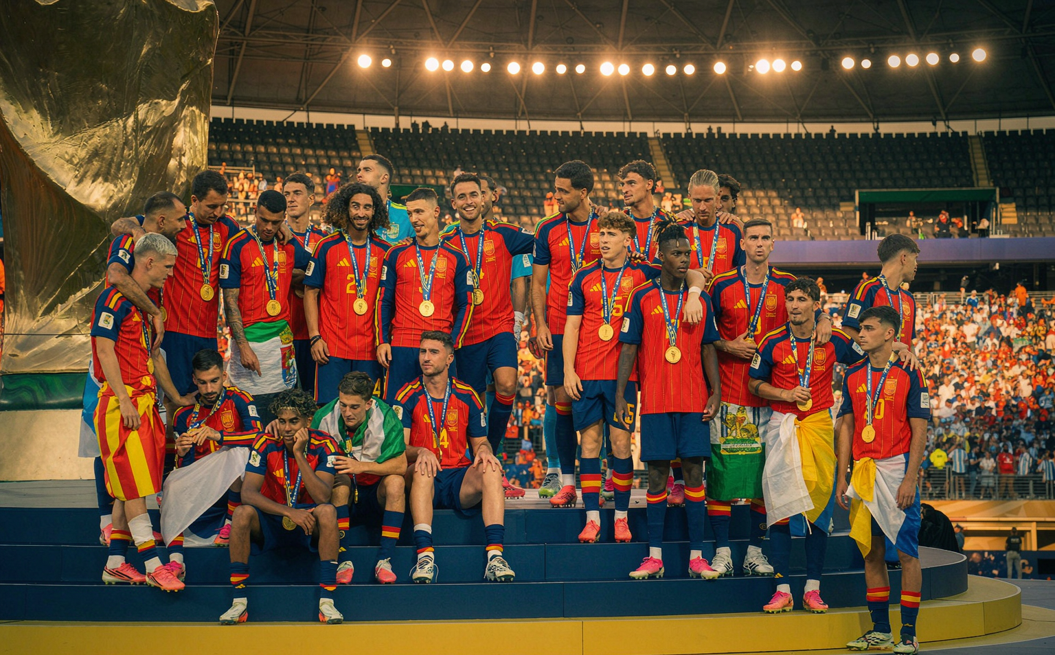 Spain celebrating with gold medals at the 2026 World Cup final ceremony