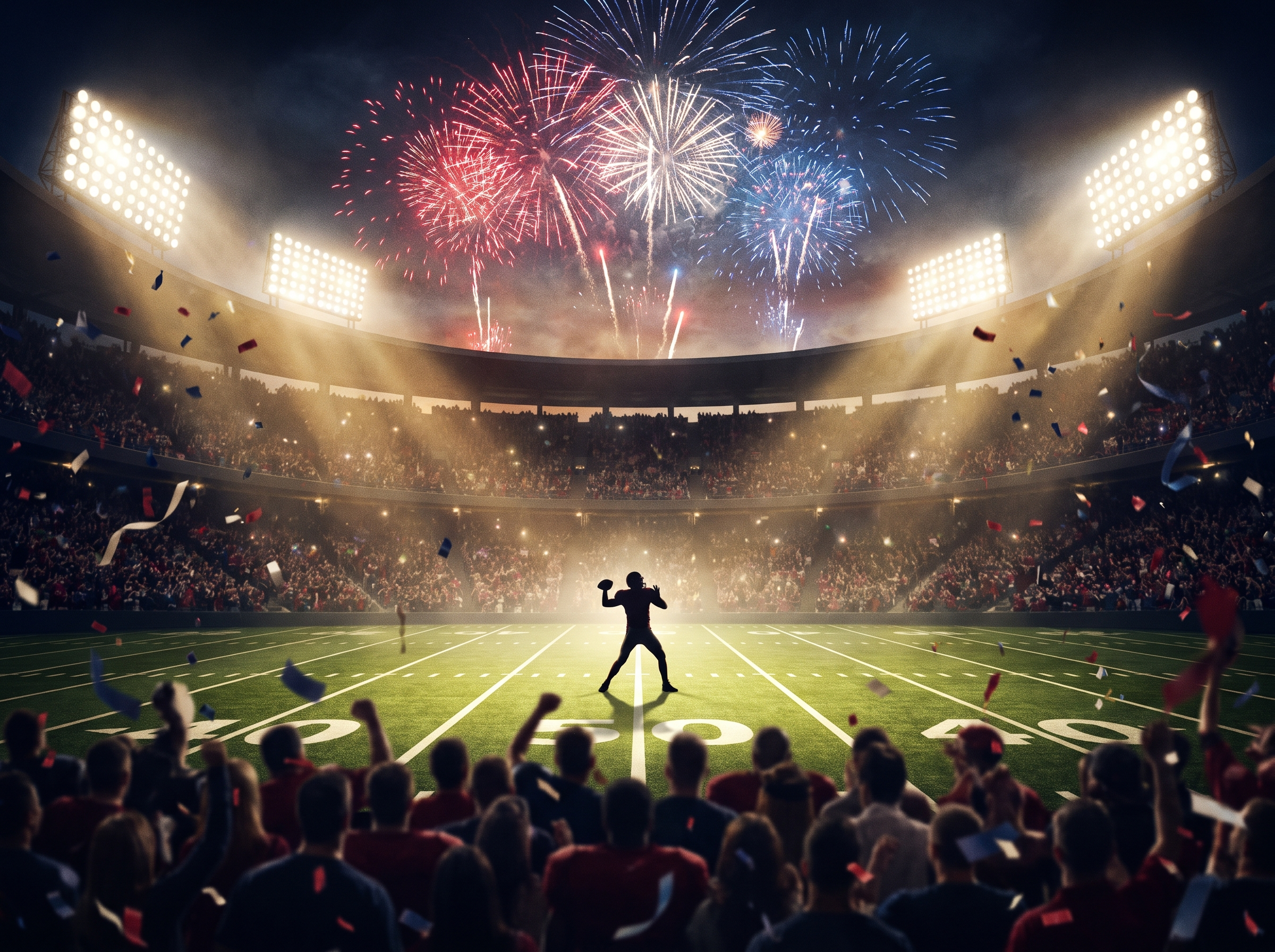 NFL season opener night - packed stadium, confetti, floodlights, a quarterback silhouette on the field