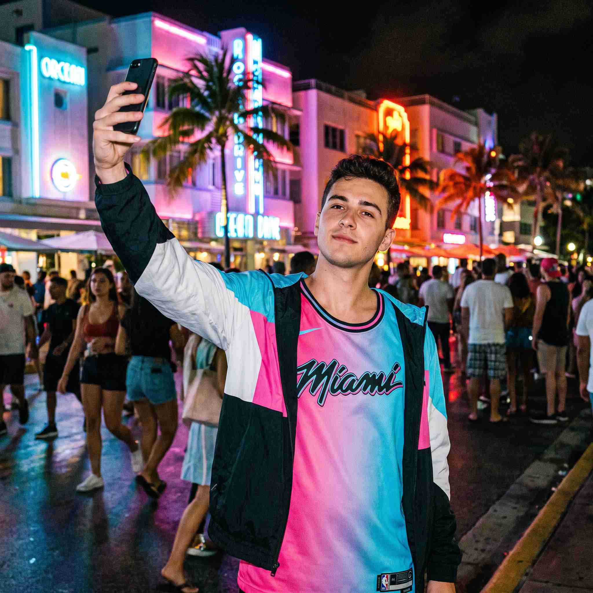 Customer wearing black and pink neon gradient basketball jersey in casual outfit
