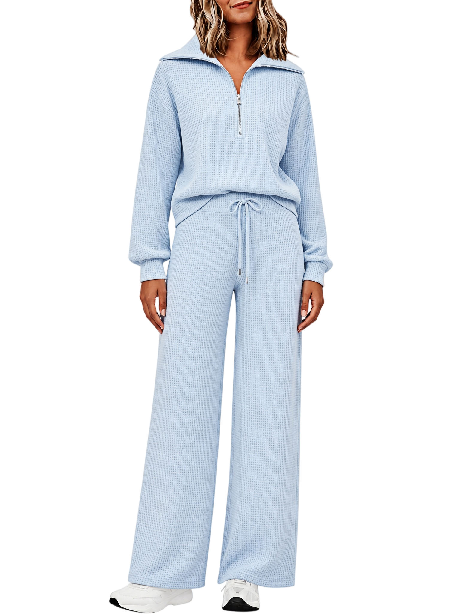 ⏰ LAST DAY SAVE 50% 🔥Women's 2 Piece Sets Waffle Knit Quarter-Zip Sweatshirt & Pants Casual Travel Outfits