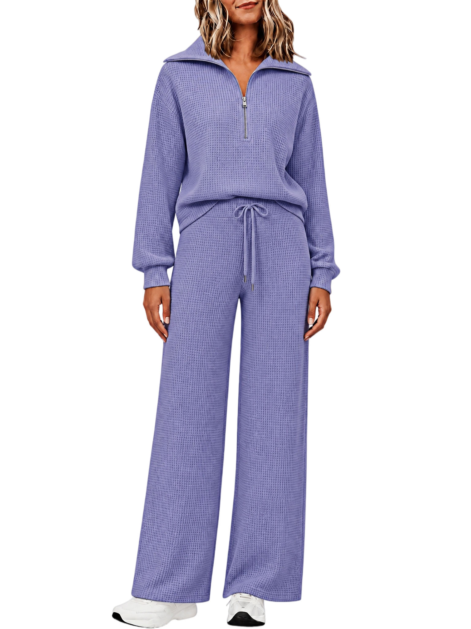 ⏰ LAST DAY SAVE 50% 🔥Women's 2 Piece Sets Waffle Knit Quarter-Zip Sweatshirt & Pants Casual Travel Outfits