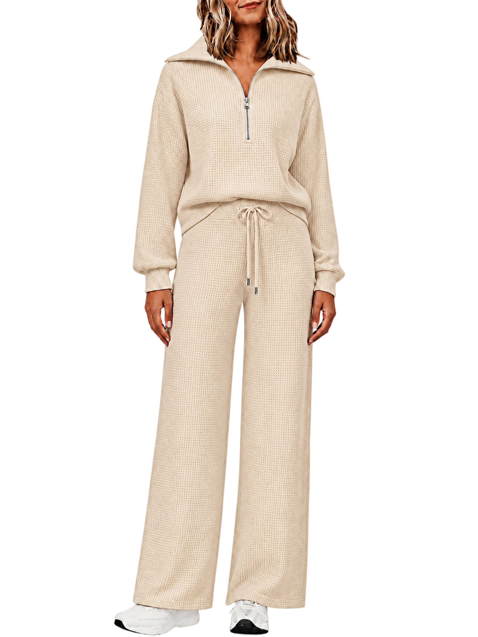 ⏰ LAST DAY SAVE 50% 🔥Women's 2 Piece Sets Waffle Knit Quarter-Zip Sweatshirt & Pants Casual Travel Outfits