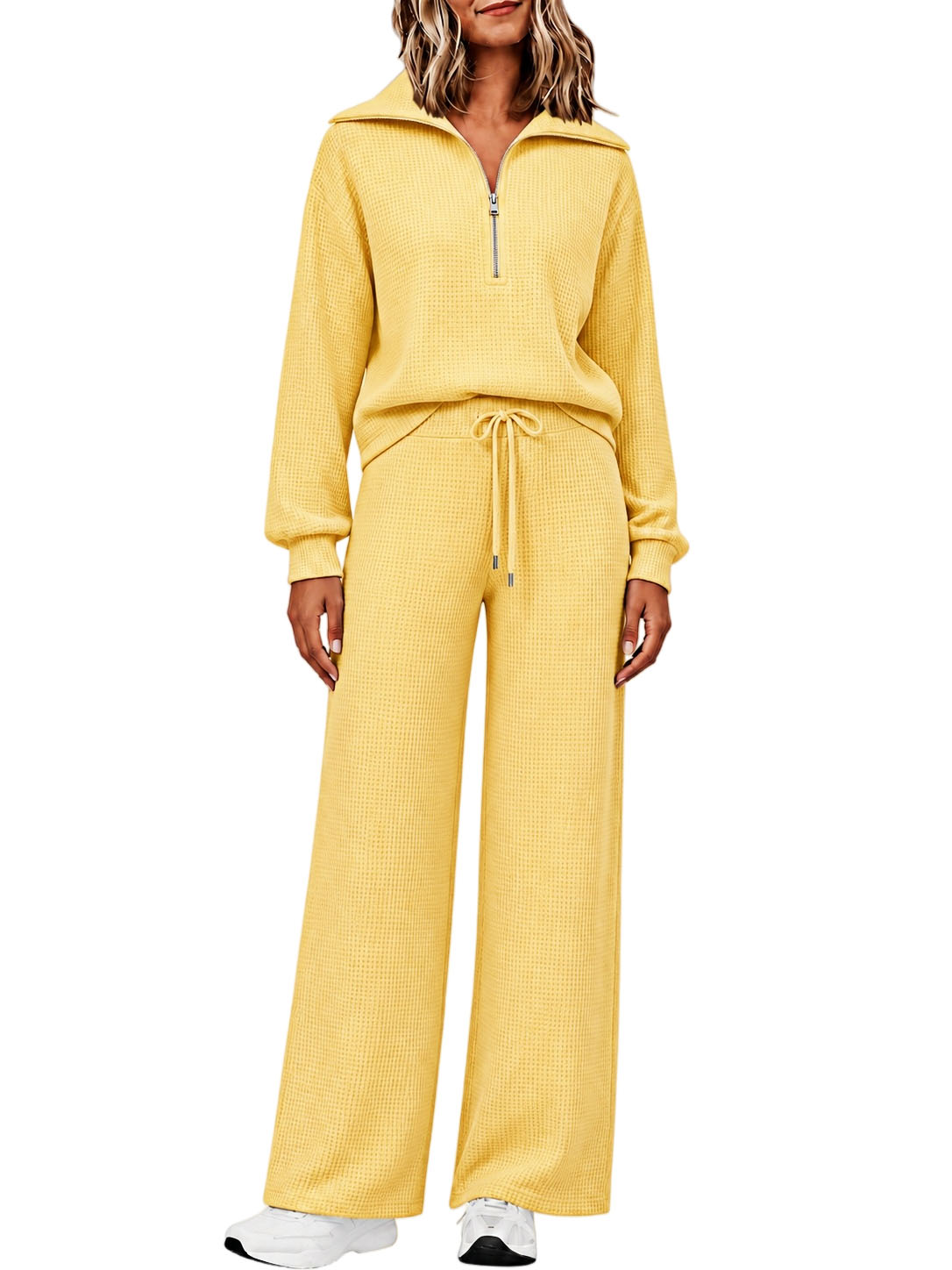 ⏰ LAST DAY SAVE 50% 🔥Women's 2 Piece Sets Waffle Knit Quarter-Zip Sweatshirt & Pants Casual Travel Outfits