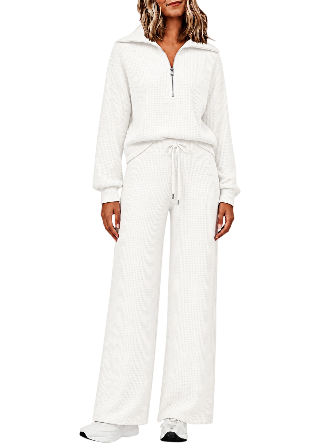 ⏰ LAST DAY SAVE 50% 🔥Women's 2 Piece Sets Waffle Knit Quarter-Zip Sweatshirt & Pants Casual Travel Outfits