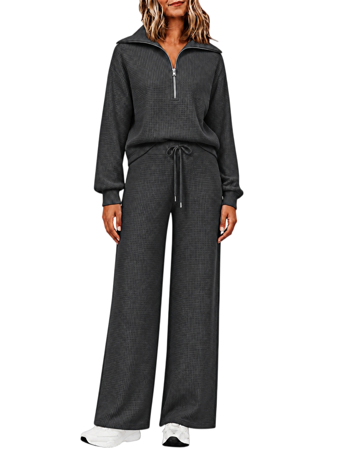 ⏰ LAST DAY SAVE 50% 🔥Women's 2 Piece Sets Waffle Knit Quarter-Zip Sweatshirt & Pants Casual Travel Outfits