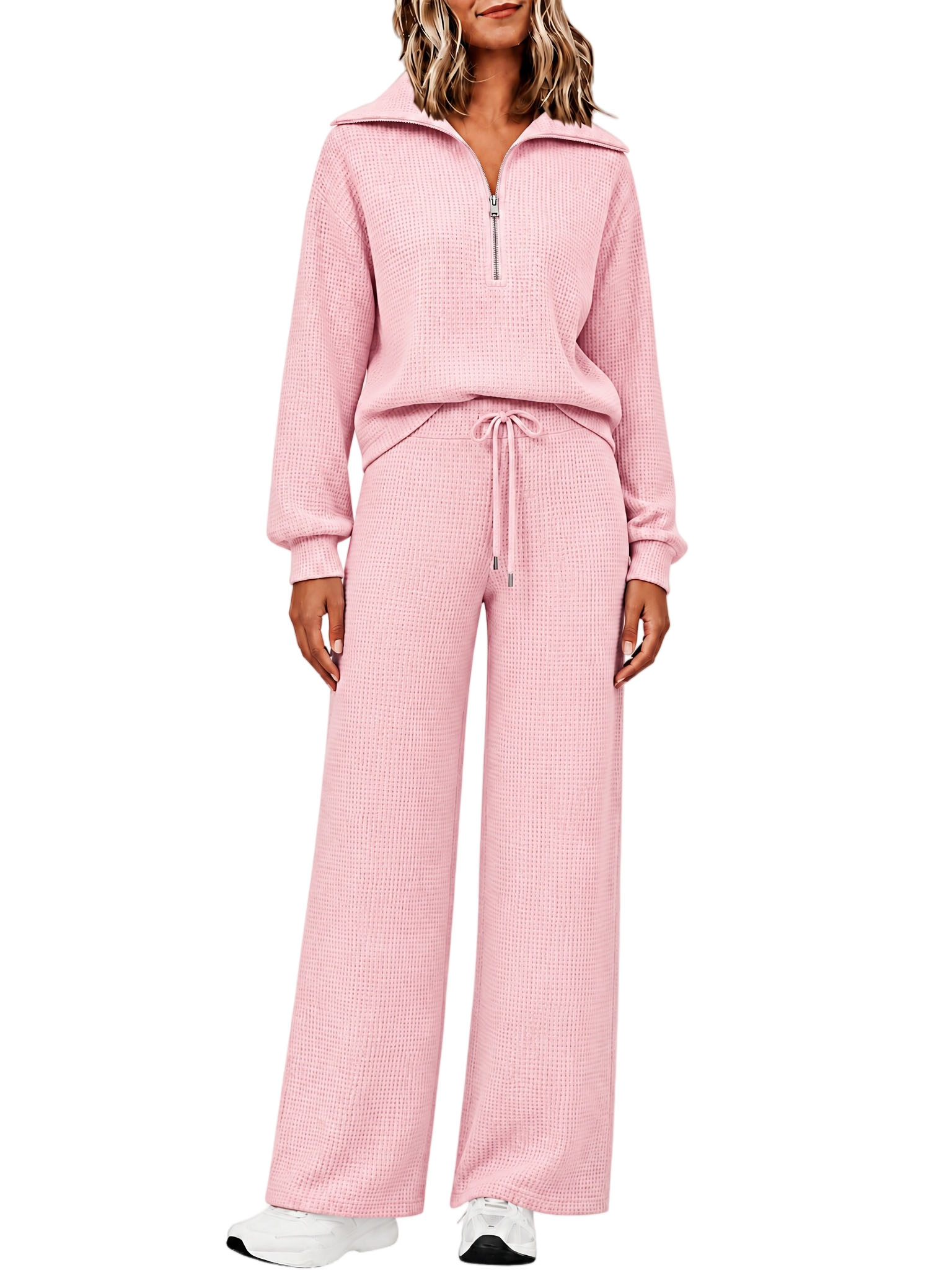 ⏰ LAST DAY SAVE 50% 🔥Women's 2 Piece Sets Waffle Knit Quarter-Zip Sweatshirt & Pants Casual Travel Outfits