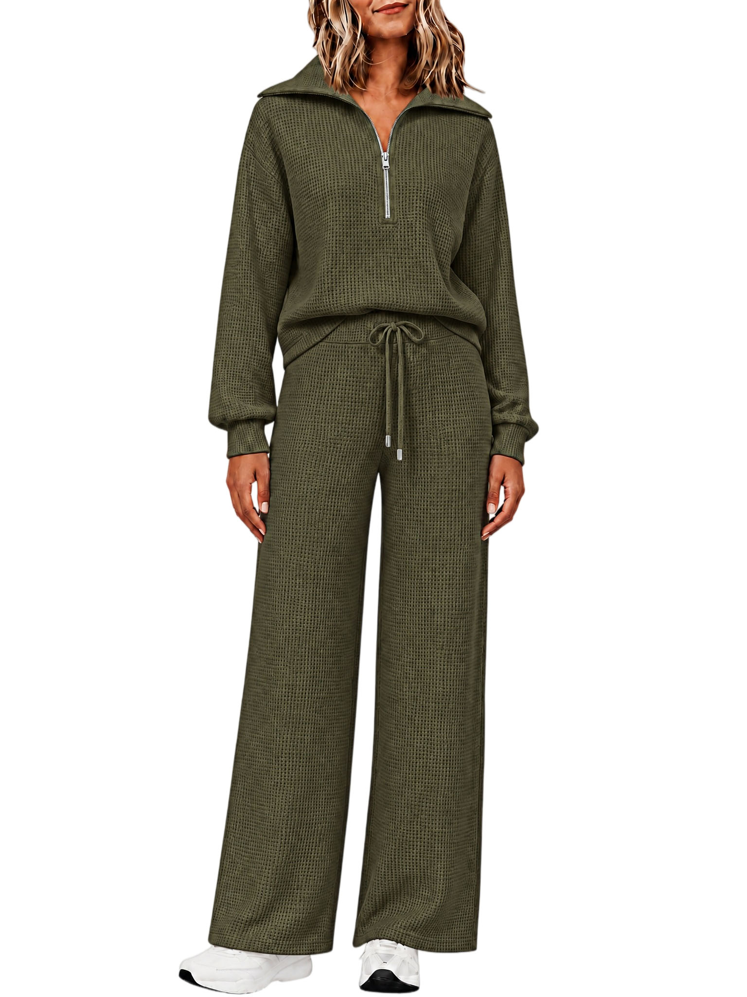 ⏰ LAST DAY SAVE 50% 🔥Women's 2 Piece Sets Waffle Knit Quarter-Zip Sweatshirt & Pants Casual Travel Outfits