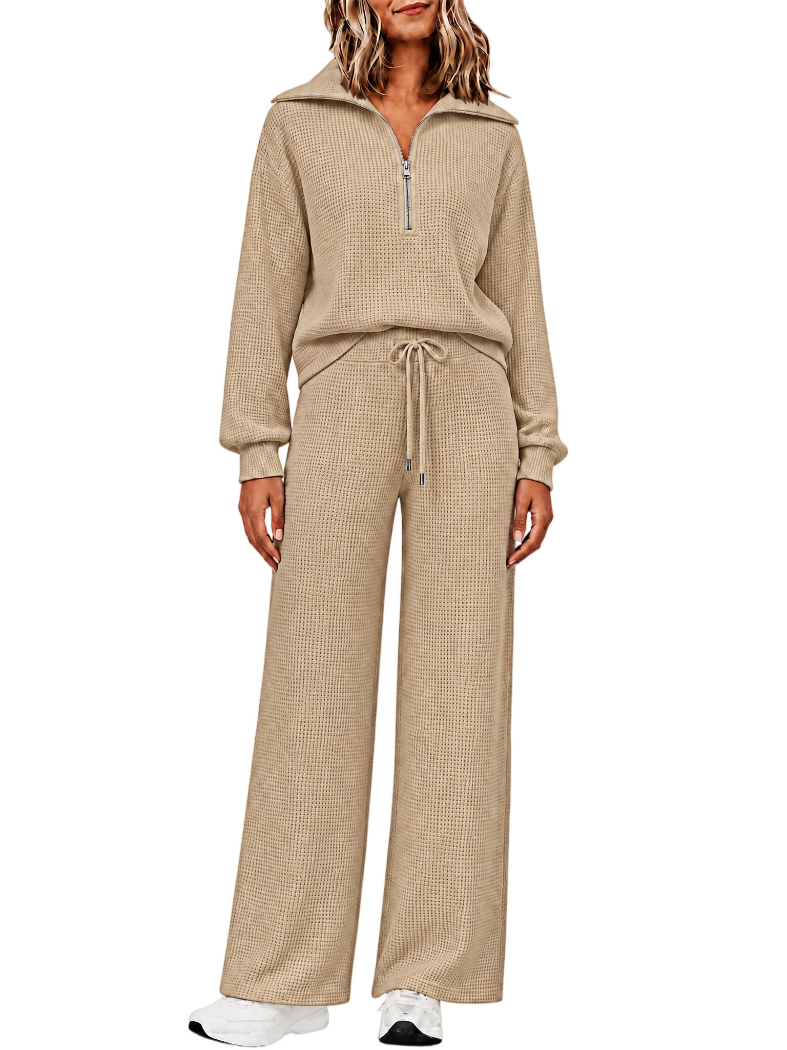 ⏰ LAST DAY SAVE 50% 🔥Women's 2 Piece Sets Waffle Knit Quarter-Zip Sweatshirt & Pants Casual Travel Outfits