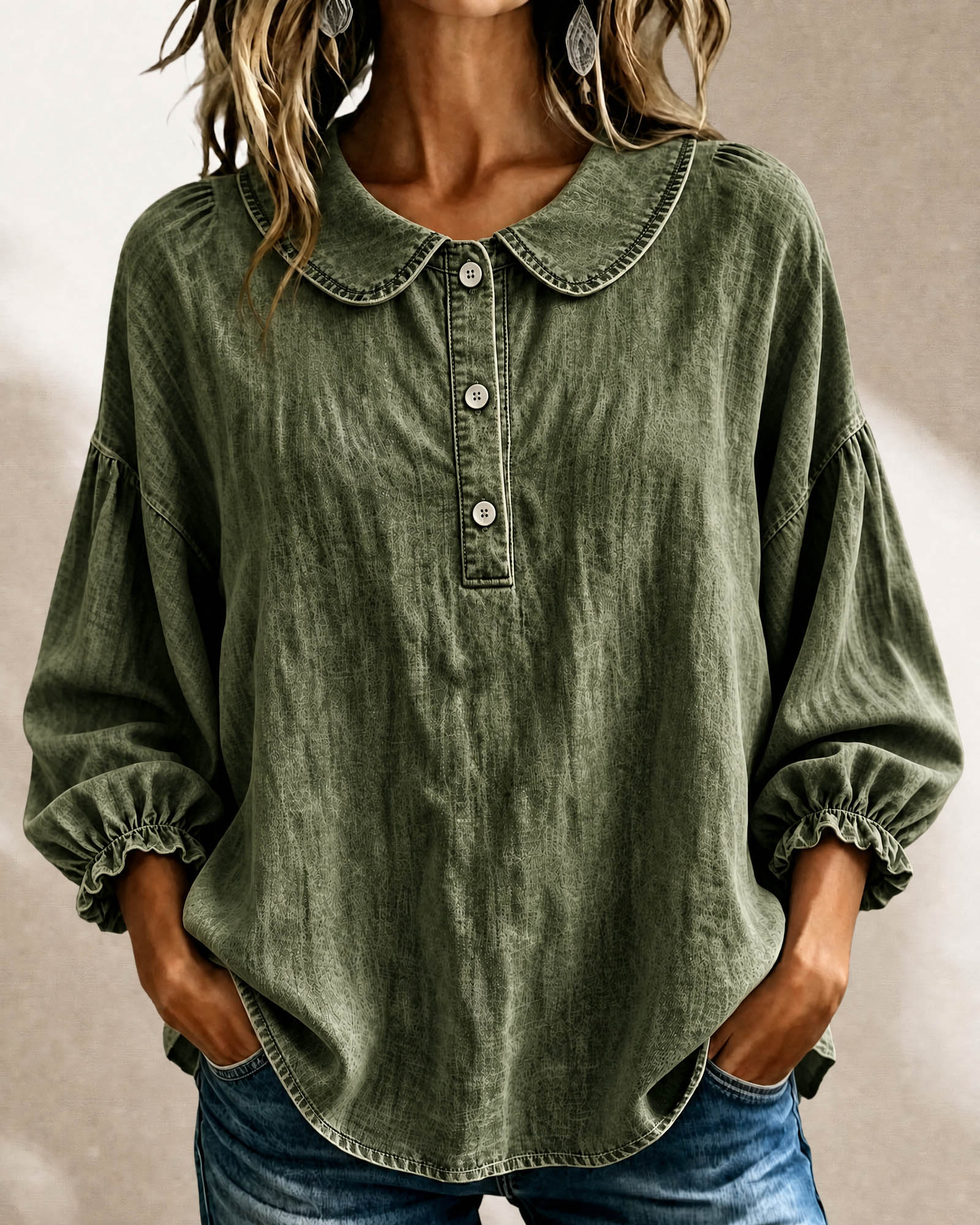 🔥CLEARANCE SALE🔥Women’s Denim Peter-Pan-Collar Three-Quarter Sleeve Top