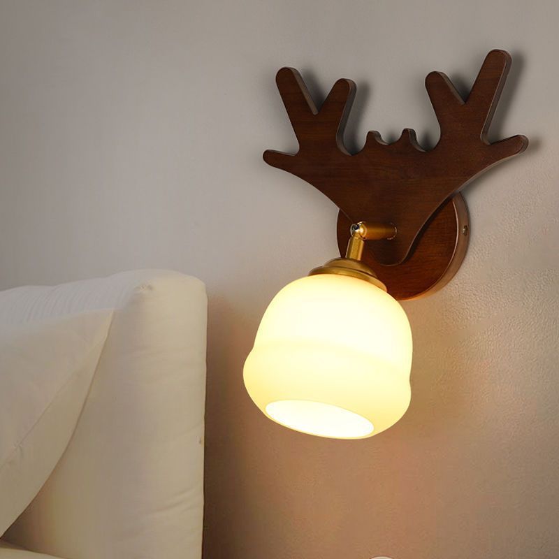 Brown Wall Sconce with White Glass Shade, Wood Material, and LED/Incandescent/Fluorescent Light, 220V-240V-Fnaisn