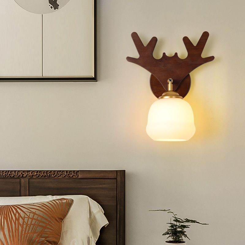 Brown Wall Sconce with White Glass Shade, Wood Material, and LED/Incandescent/Fluorescent Light, 220V-240V-Fnaisn