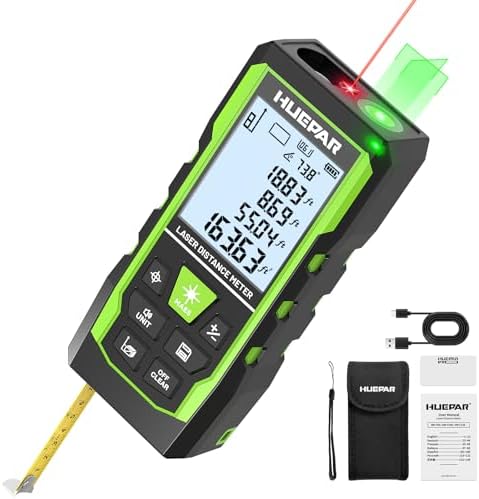 Huepar 3-in-1 Laser Measuring Tool, 400Ft Laser Measure & 33Ft Green Cross Line Laser Level & 6.5Ft Tape Measure, Rechargeable, Voice Broadcast, Multi-Mode, Rugged for Construction &Home Use, SW-T120