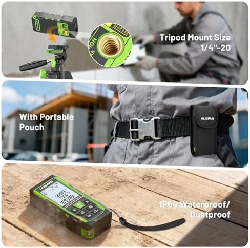 Huepar 3-in-1 Laser Measuring Tool, 400Ft Laser Measure & 33Ft Green Cross Line Laser Level & 6.5Ft Tape Measure, Rechargeable, Voice Broadcast, Multi-Mode, Rugged for Construction &Home Use, SW-T120