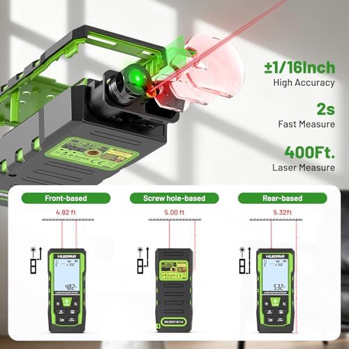 Huepar 3-in-1 Laser Measuring Tool, 400Ft Laser Measure & 33Ft Green Cross Line Laser Level & 6.5Ft Tape Measure, Rechargeable, Voice Broadcast, Multi-Mode, Rugged for Construction &Home Use, SW-T120