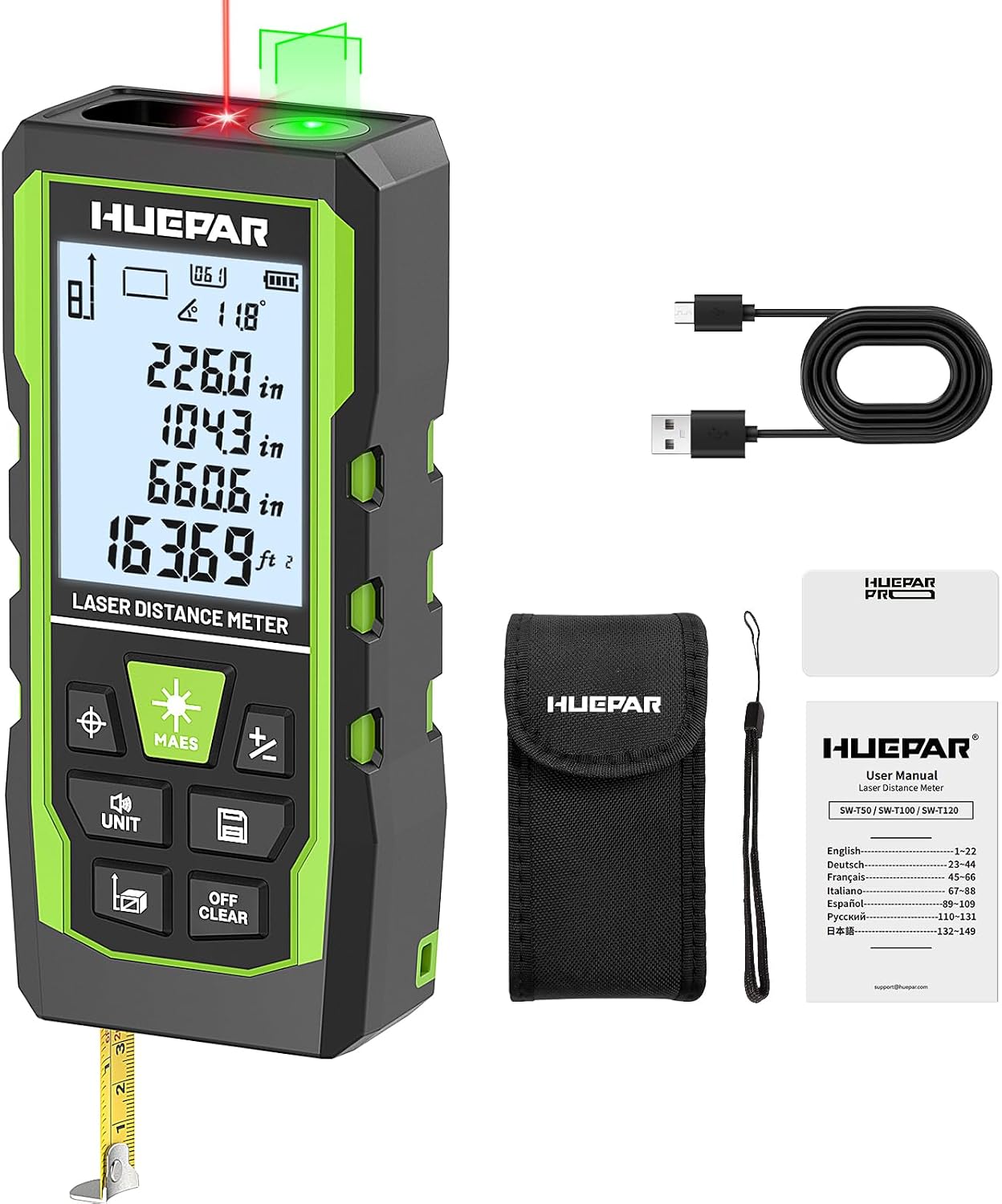 Huepar 3-in-1 Laser Measuring Tool, 400Ft Laser Measure & 33Ft Green Cross Line Laser Level & 6.5Ft Tape Measure, Rechargeable, Voice Broadcast, Multi-Mode, Rugged for Construction &Home Use, SW-T120