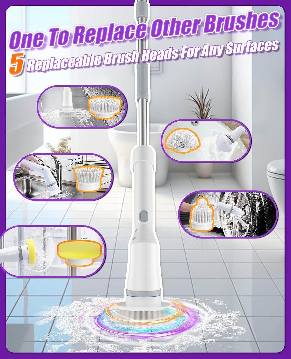 5-Head Electric Spin Scrubber, Shower Brush, Extension Handle