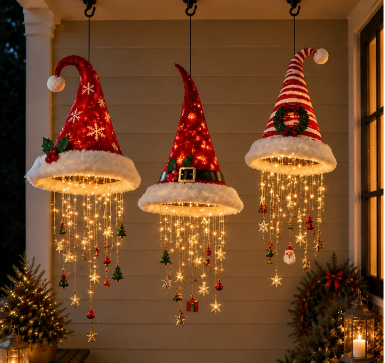 Lighted Santa Hat Hanging Chandelier| 5 Styles Warm LED Christmas String Light |Indoor Outdoor Porch Holiday Decor Gift