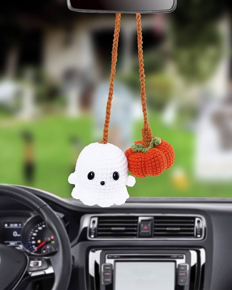 Amazon.com: Halloween Car Ornament Crochet Pumpkin and Ghost Car Pendant for Car Mirror Upholstery Accessories, Hand Knitted Mirror Charm (1) : Automotive