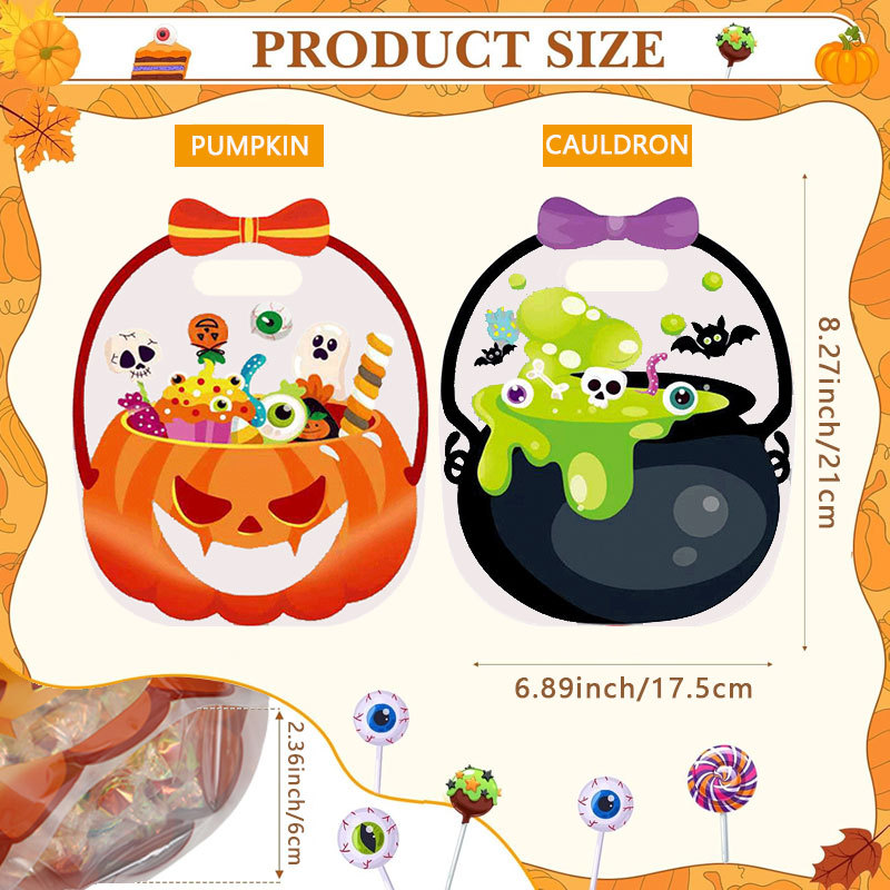 Halloween Goodie Bags Plastic Candy Bag Trick or Treat Bags with Cauldron Skeleton black Cat Skull Pumpkin Design,Treat Bags for Student Teacher Colleagues Neighbors,Classroom Snack Storage for Halloween Birthday Party Favor Supplies