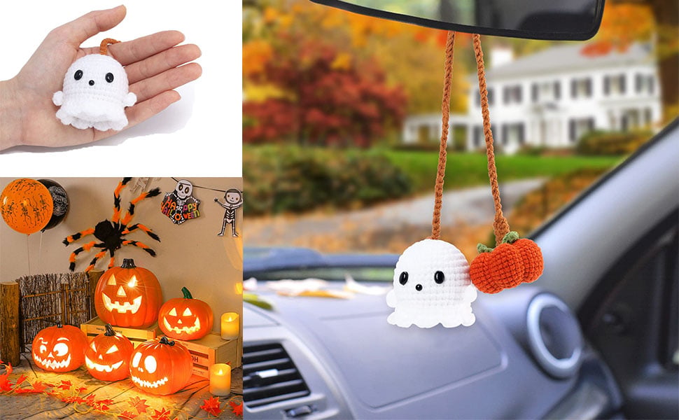 Amazon.com: Halloween Car Ornament Crochet Pumpkin and Ghost Car Pendant for Car Mirror Upholstery Accessories, Hand Knitted Mirror Charm (1) : Automotive