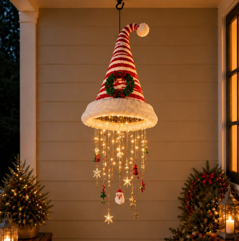 Lighted Santa Hat Hanging Chandelier| 5 Styles Warm LED Christmas String Light |Indoor Outdoor Porch Holiday Decor Gift