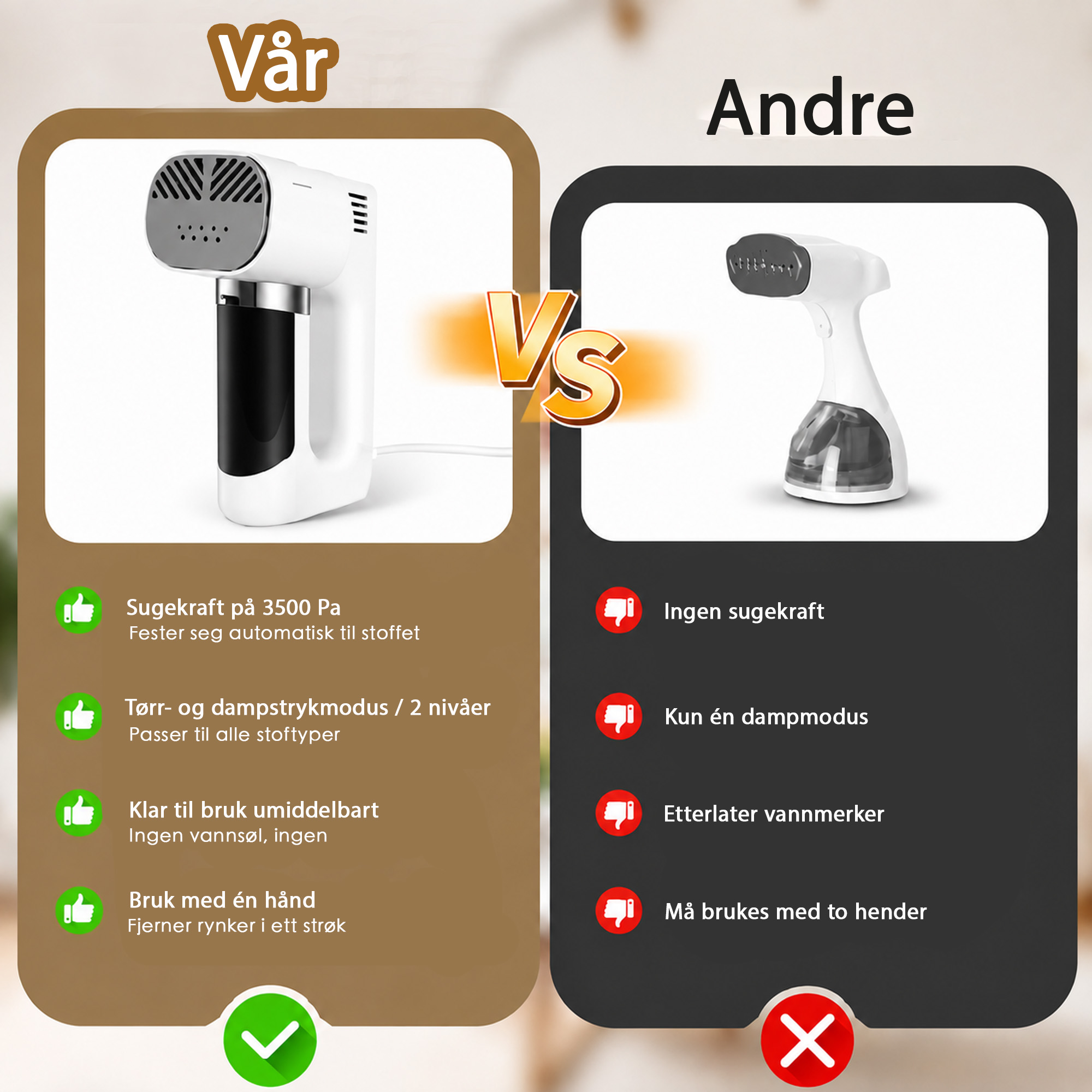 Vapren F2 håndholdt tøydamper med sugefunksjon