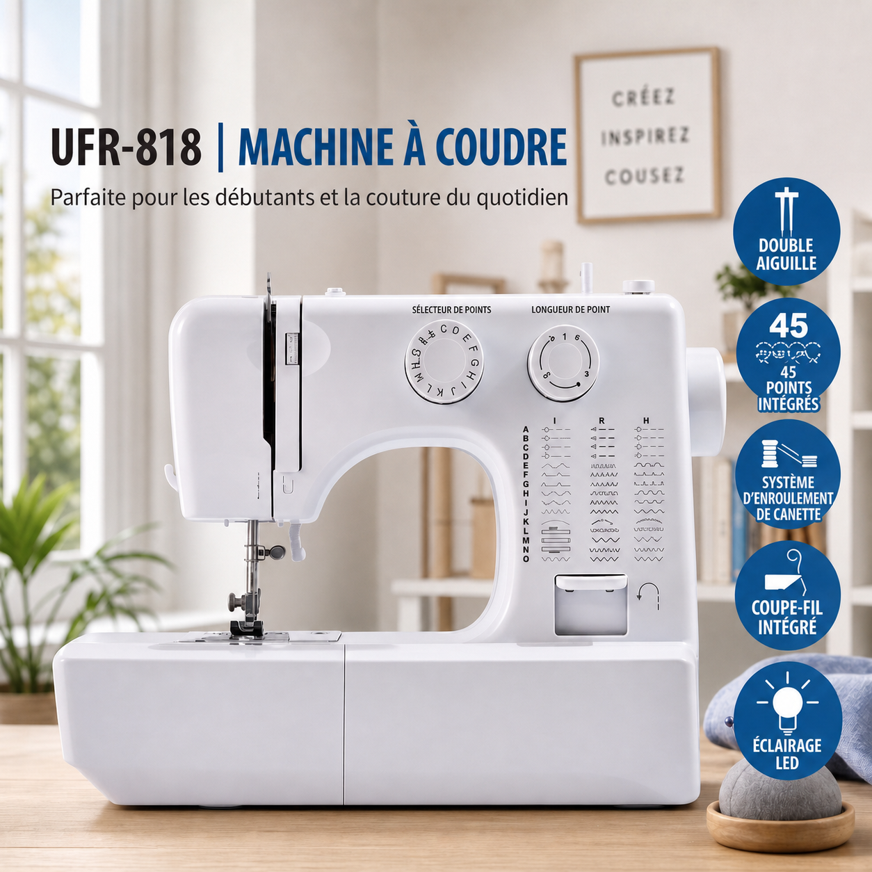 Machine à coudre multifonction pour usage domestique avec double fil, double aiguille et 45 options de points.