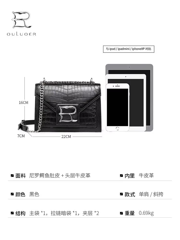 ouluoer new crocodile leather Female bag crocodile leather  fashion  Single shoulder bag female chain bag women crocodile