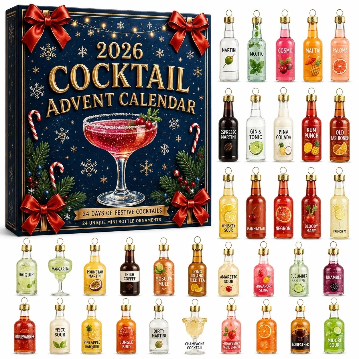 50% OFF | 🍸 2026 Cocktail Advent Calendar – 24 Mini Cocktail Bottle Ornaments Blind Box 🎄