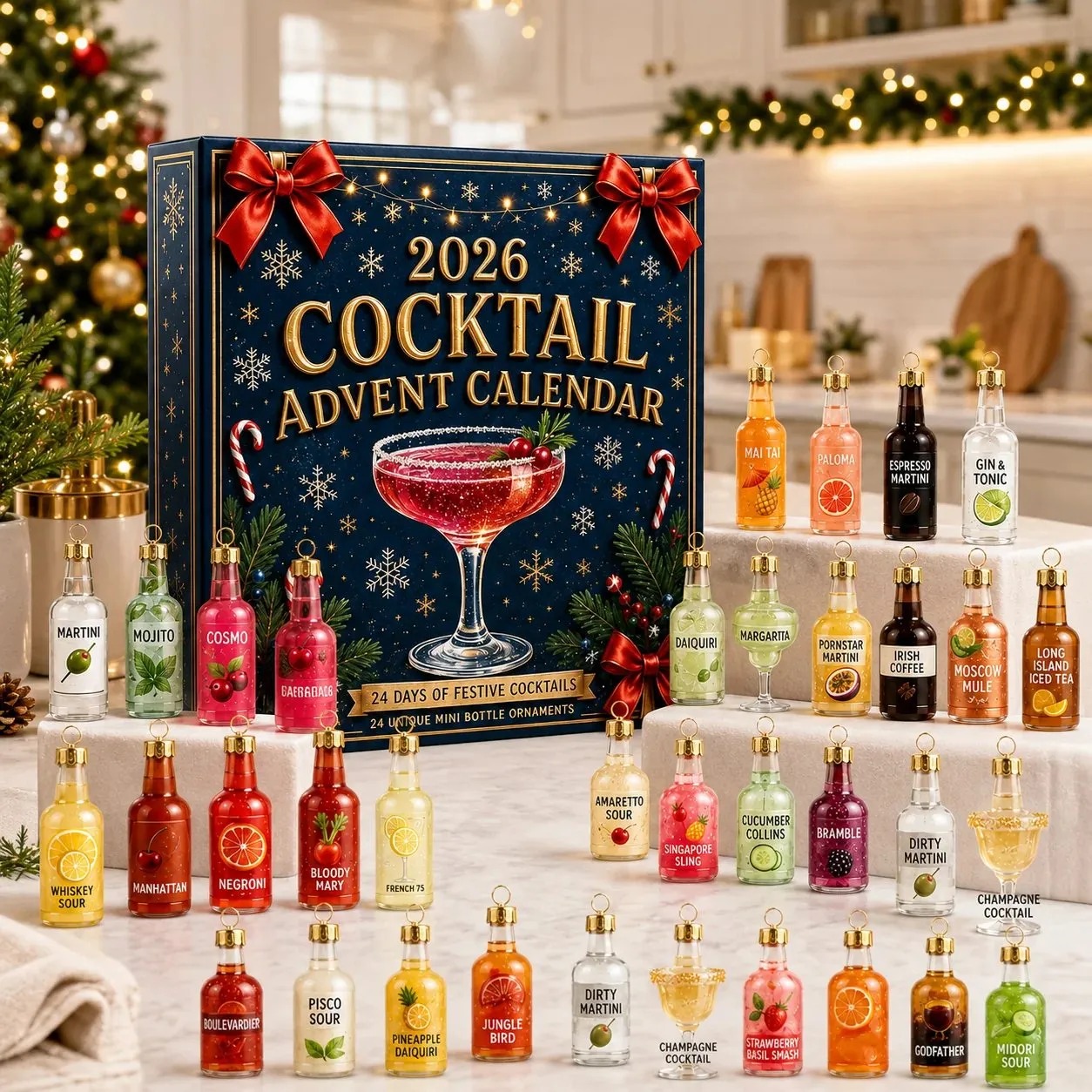 50% OFF | 🍸 2026 Cocktail Advent Calendar – 24 Mini Cocktail Bottle Ornaments Blind Box 🎄
