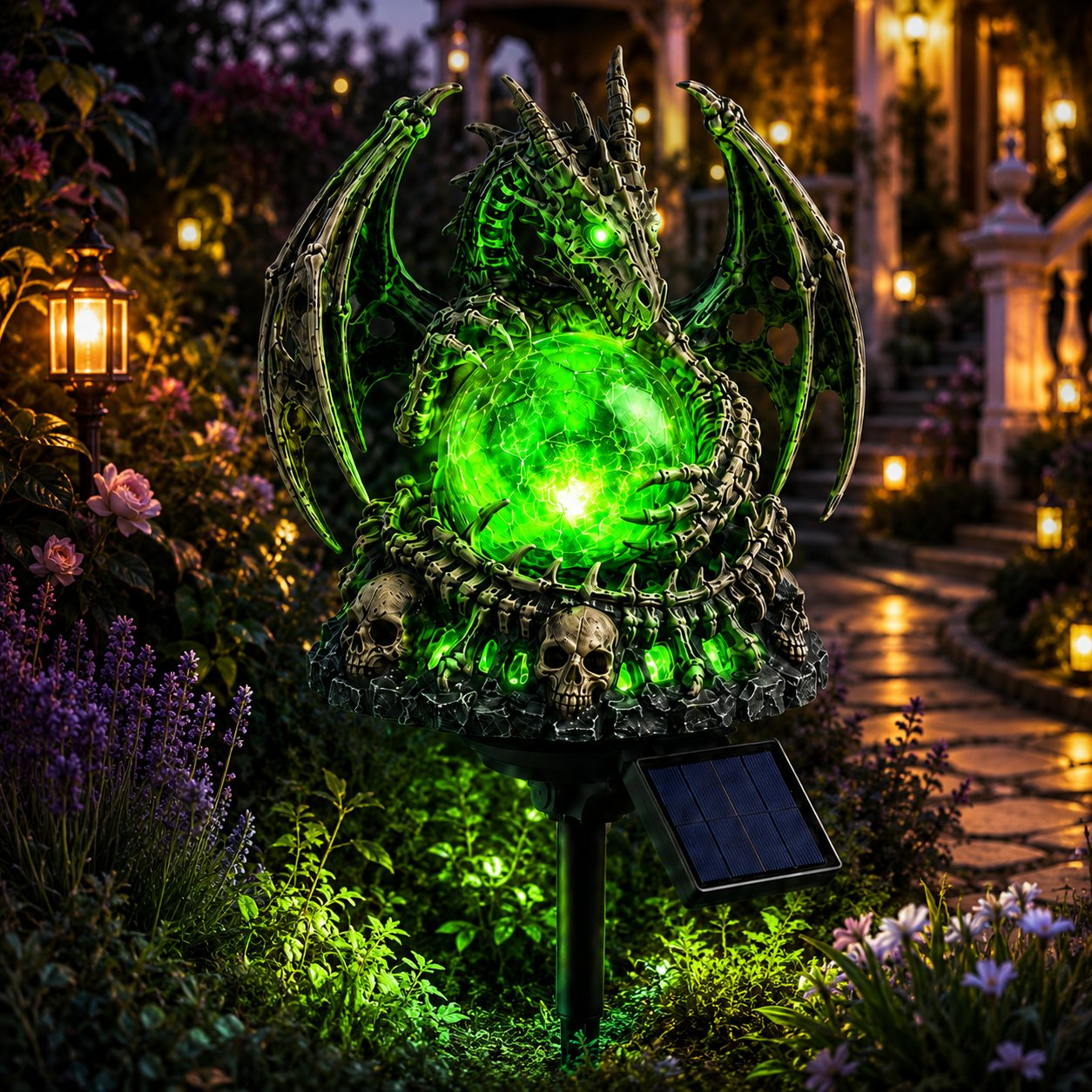 Solar Dragon Skull Crystal Orb Garden Light – Gothic Halloween Outdoor Decor