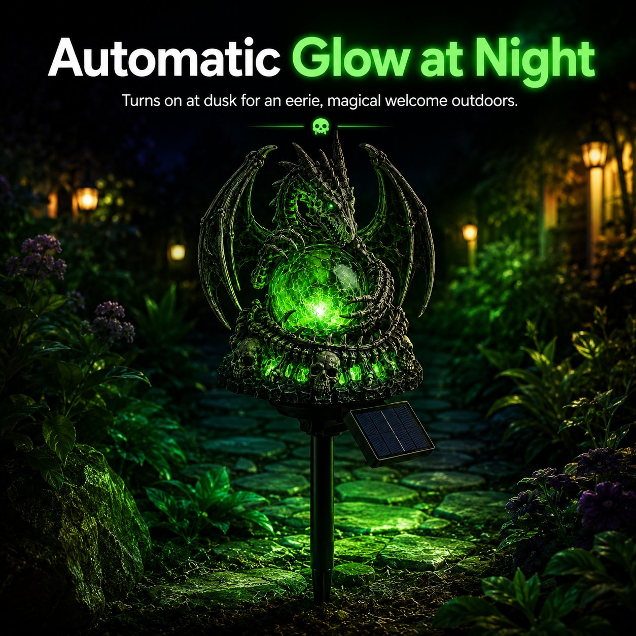 Solar Dragon Skull Crystal Orb Garden Light – Gothic Halloween Outdoor Decor