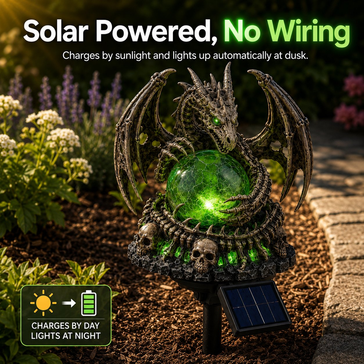 Solar Dragon Skull Crystal Orb Garden Light – Gothic Halloween Outdoor Decor