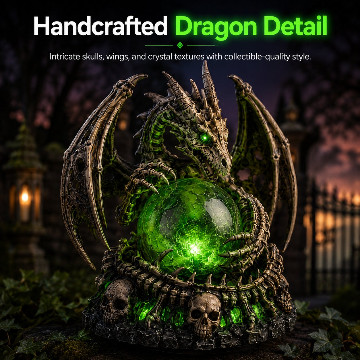 Solar Dragon Skull Crystal Orb Garden Light – Gothic Halloween Outdoor Decor