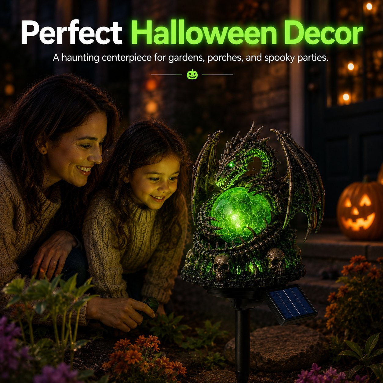 Solar Dragon Skull Crystal Orb Garden Light – Gothic Halloween Outdoor Decor