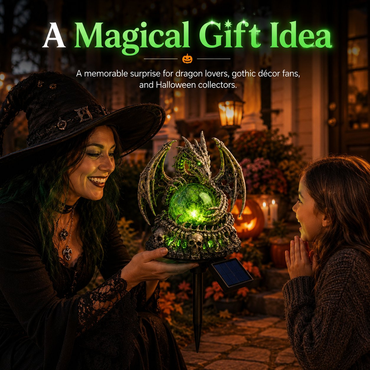 Solar Dragon Skull Crystal Orb Garden Light – Gothic Halloween Outdoor Decor