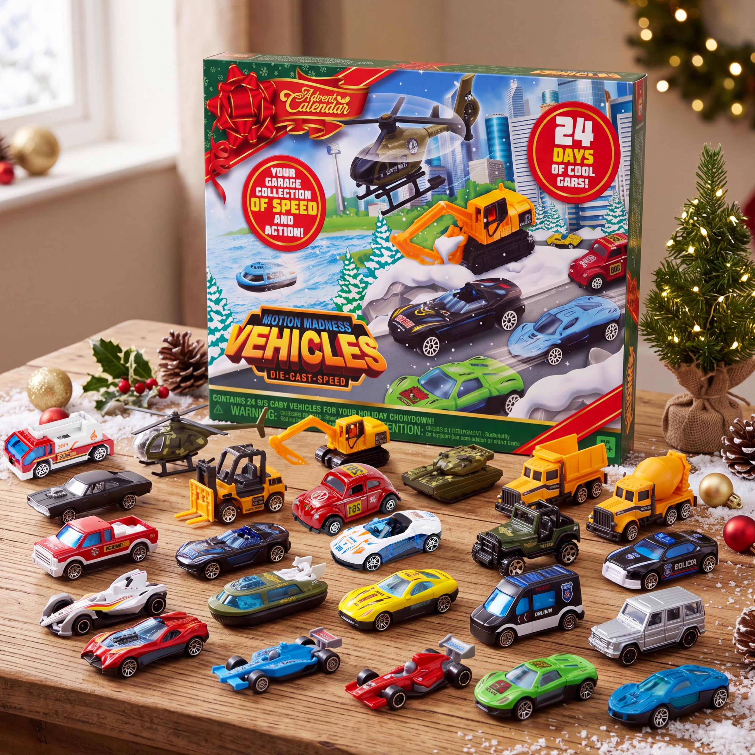 2026 Die-Cast Car Advent Calendar – 24-Day Christmas Countdown Vehicle Set for Kids