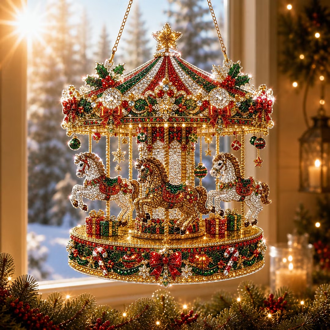🎠 DIY Christmas Carousel Pearl Bead Diamond Painting Ornament Kit — Single-Sided Pendant 🎨
