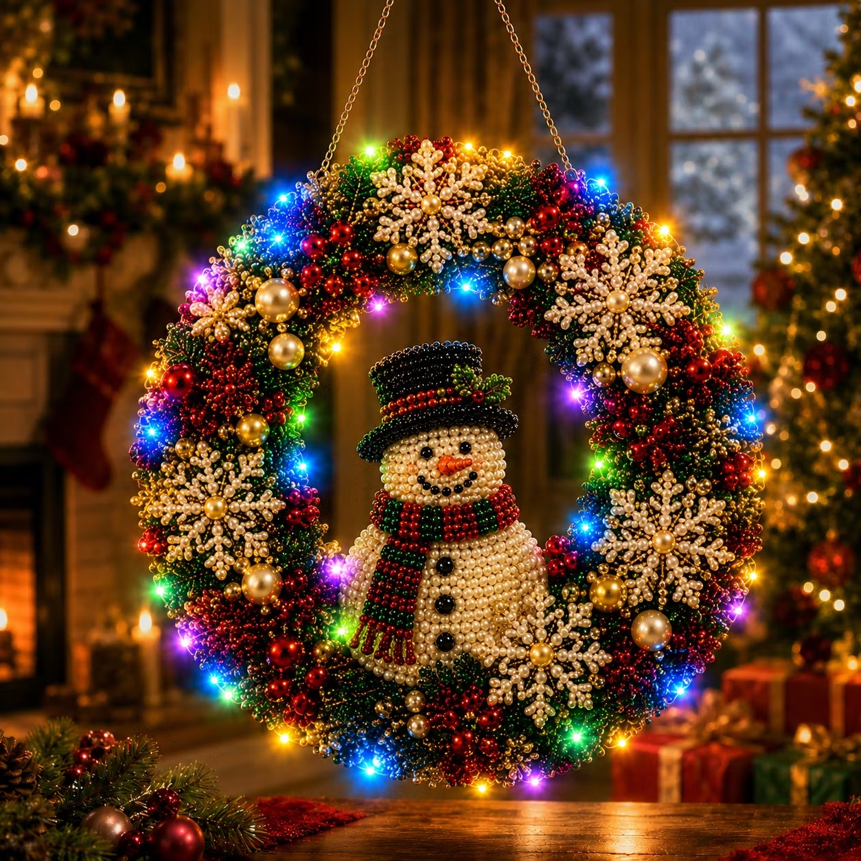 ❄️DIY Snowman Wreath Kit✨LED Pearl Diamond Painting Pendant, Single-Sided