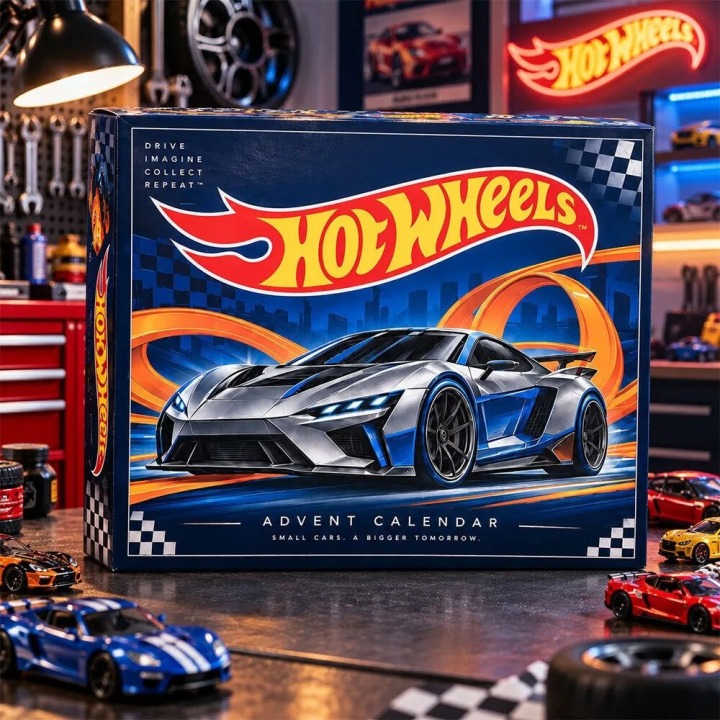 Car-themed advent calendar box with racing artwork, shown in a festive garage setting