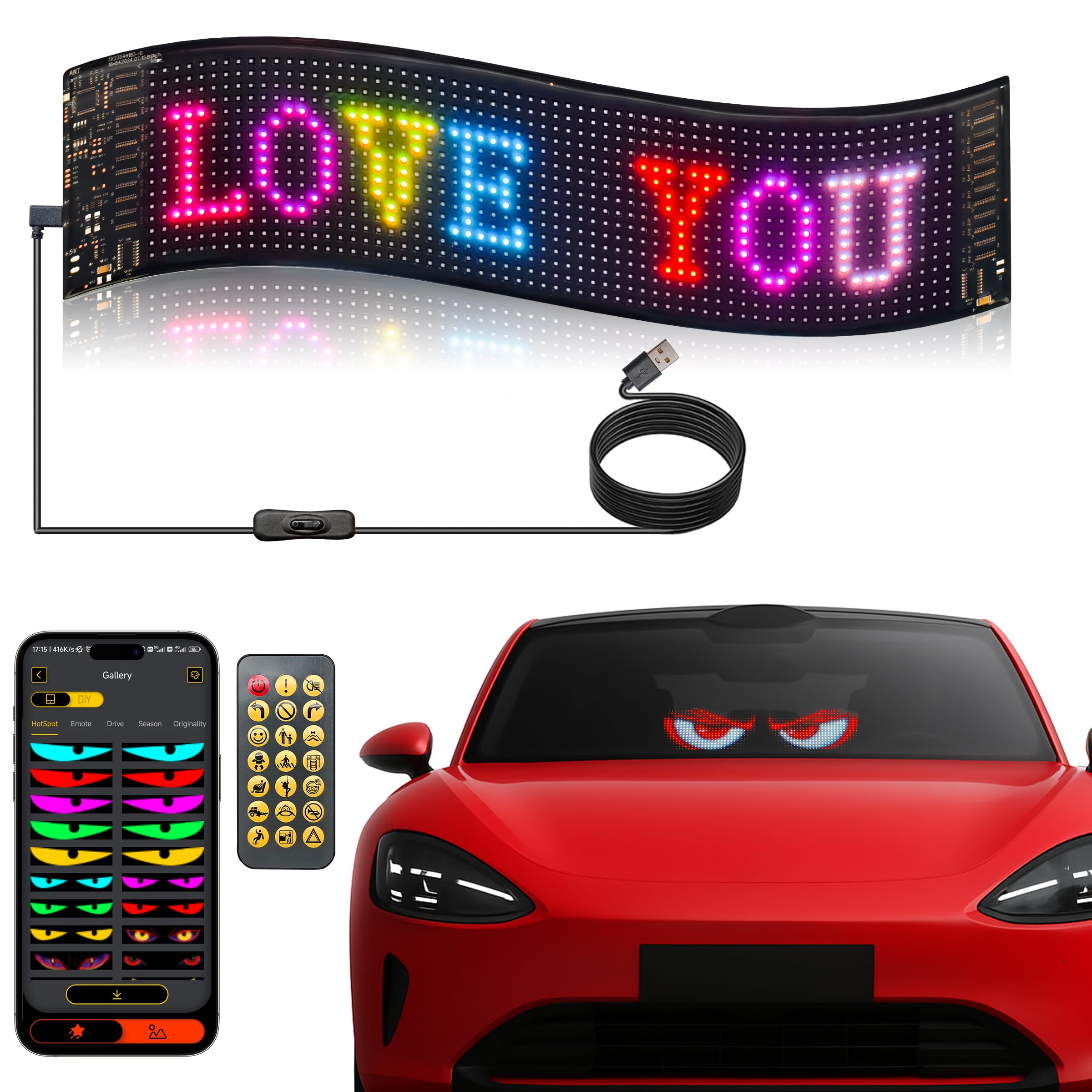 Programmable Devil Eyes Car Lights – Flexible RGB LED Windshield Display with App & Remote Control for Cars & Trucks