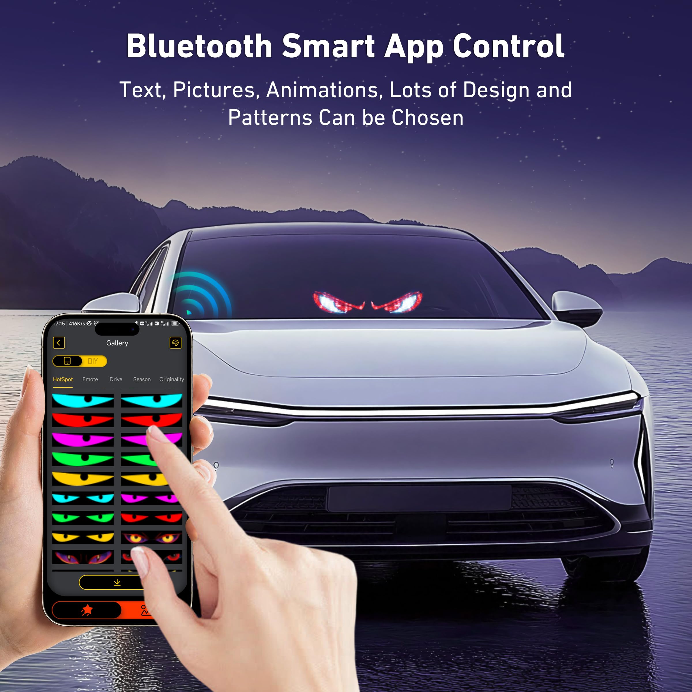Programmable Devil Eyes Car Lights – Flexible RGB LED Windshield Display with App & Remote Control for Cars & Trucks