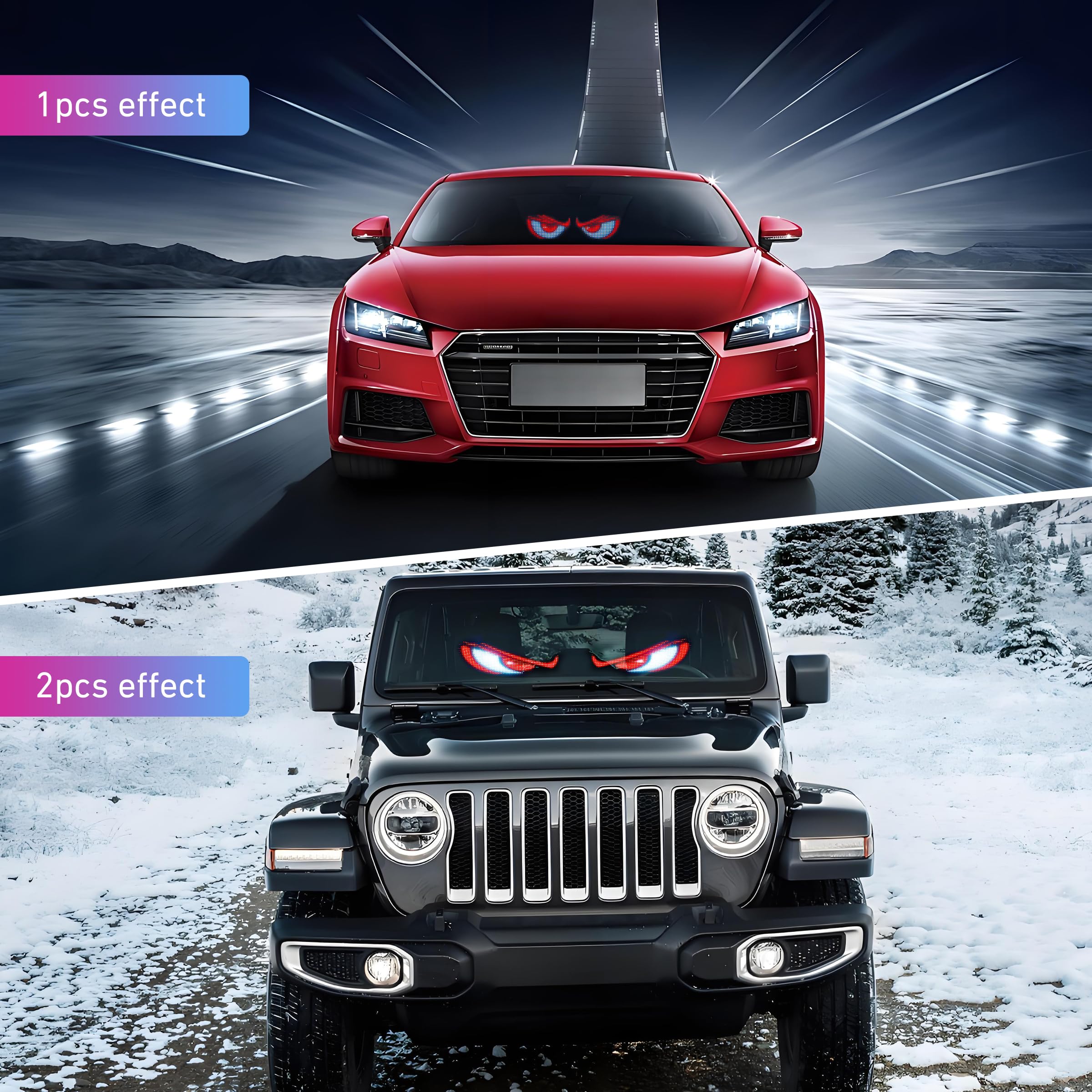 Programmable Devil Eyes Car Lights – Flexible RGB LED Windshield Display with App & Remote Control for Cars & Trucks