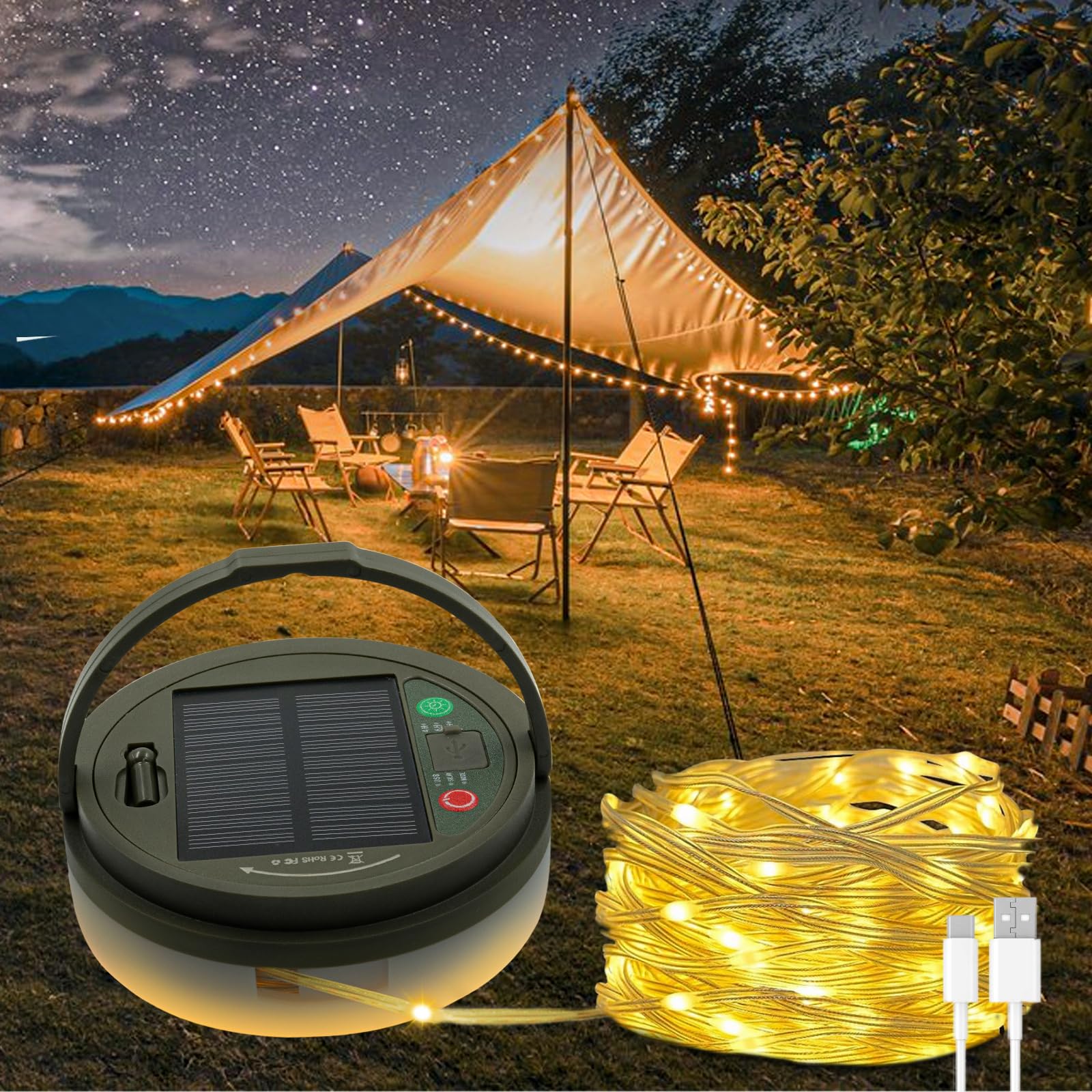 Solar Camping String Lights – 39FT Rechargeable Tent Lantern with 8 Lighting Modes