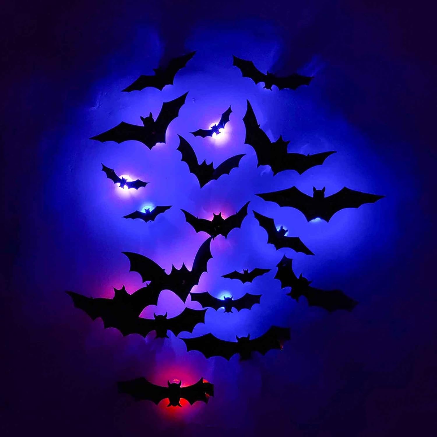 12/24/36/48/60PCS 3D Bats Wall Decor LED Halloween Stickers 5 Different Sizes Realistic PVC Scary Black Bat Sticker with Colorful Light Double-Sided Adhesive DIY Wall Decal Halloween Decorations