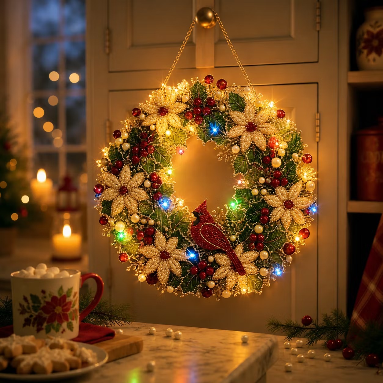 🐦LED Cardinal Wreath DIY Kit ✨Single-Sided Pearl Diamond Painting Ornament