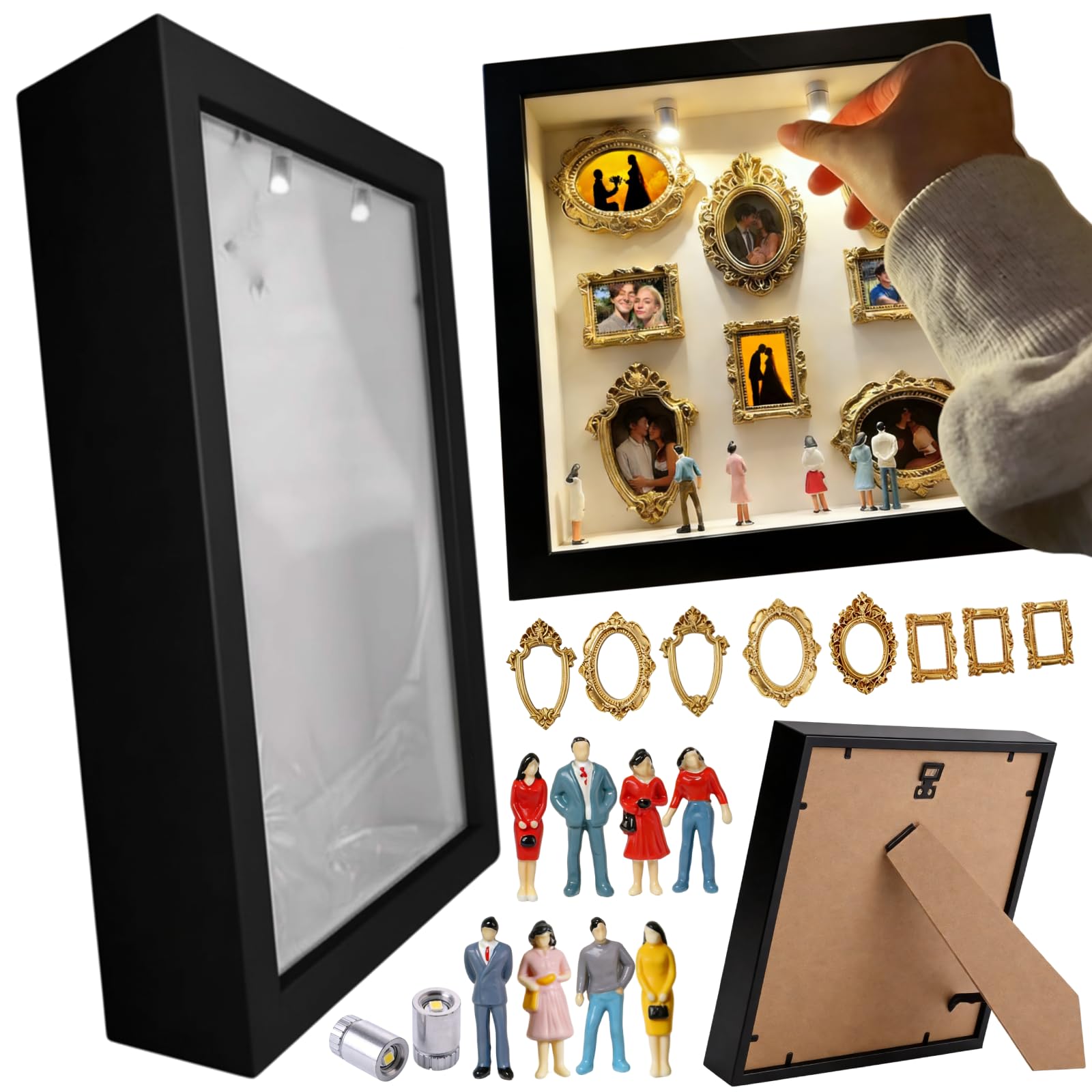 DIY Mini Museum Shadow Box Kit – Personalized Family Photo Gallery with 7 Mini Figurines & 8 Vintage Gold Frames, Unique Gift for Loved Ones