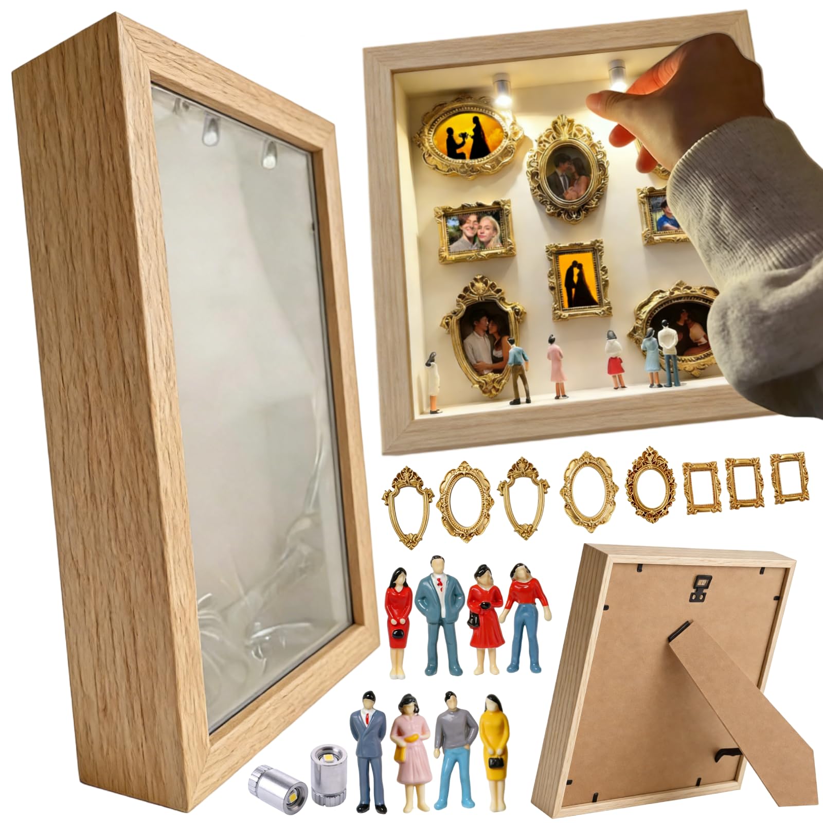 DIY Mini Museum Shadow Box Kit – Personalized Family Photo Gallery with 7 Mini Figurines & 8 Vintage Gold Frames, Unique Gift for Loved Ones