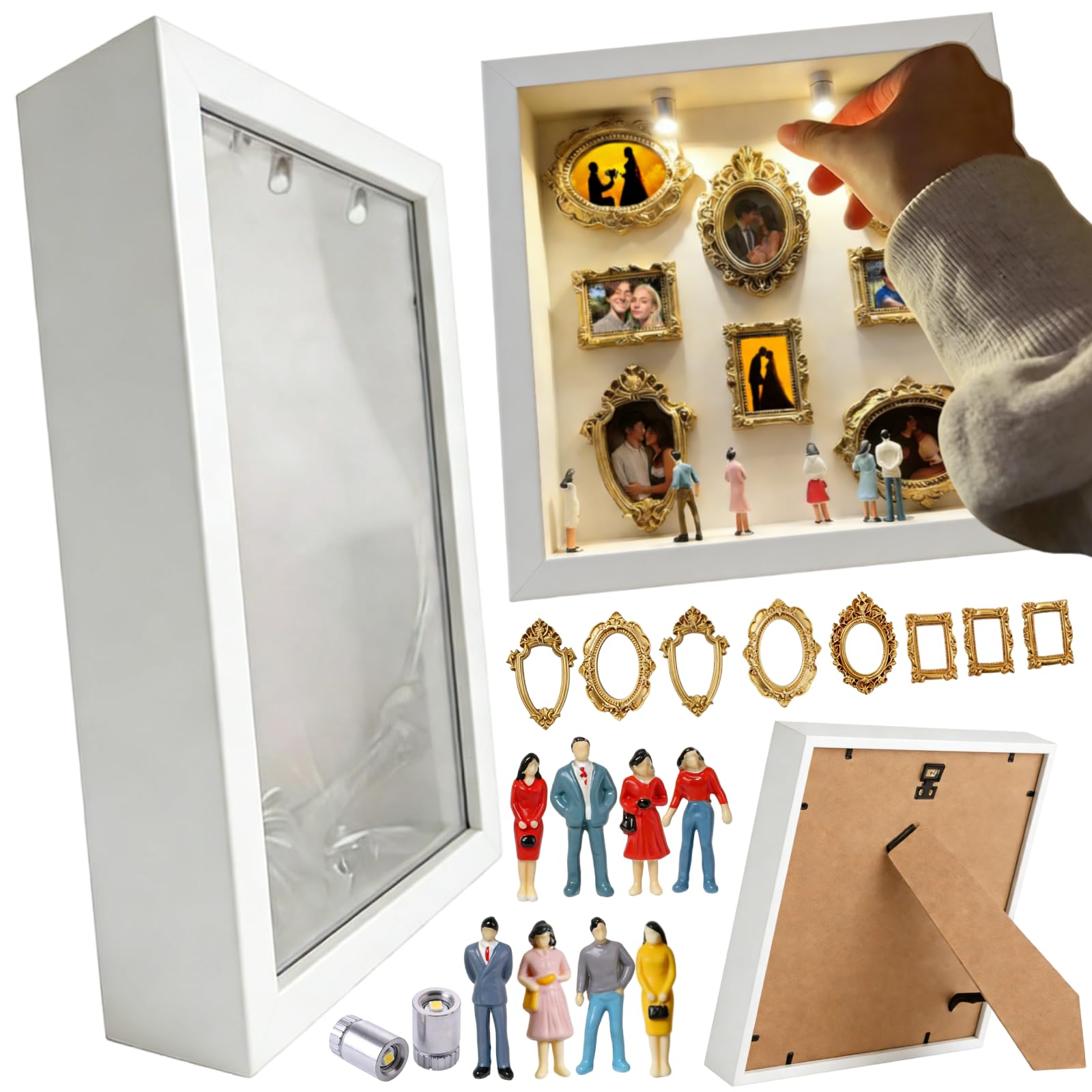 DIY Mini Museum Shadow Box Kit – Personalized Family Photo Gallery with 7 Mini Figurines & 8 Vintage Gold Frames, Unique Gift for Loved Ones